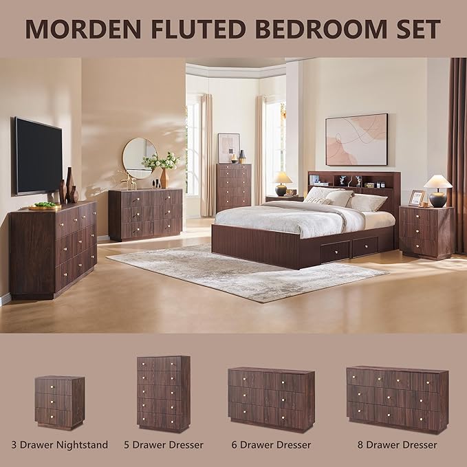 Fluted Dresser for Bedroom, 55" W 8 Drawer Dressers, Wood Tall Dresser Storage Organizer, Modern Bedroom Chest of Drawer with Deep Storage for Closet Hallway, Entryway, Living Room, Brown