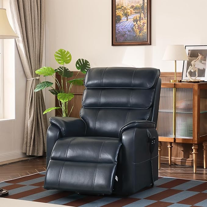DYNOX 350 LBS Power Lift Recliner Chair for Elderly, Medium Size Dual Motor Lay Flat Infinite Positions Recliner with Heat & Massage (9188, Genuine Leather, Dark Blue)