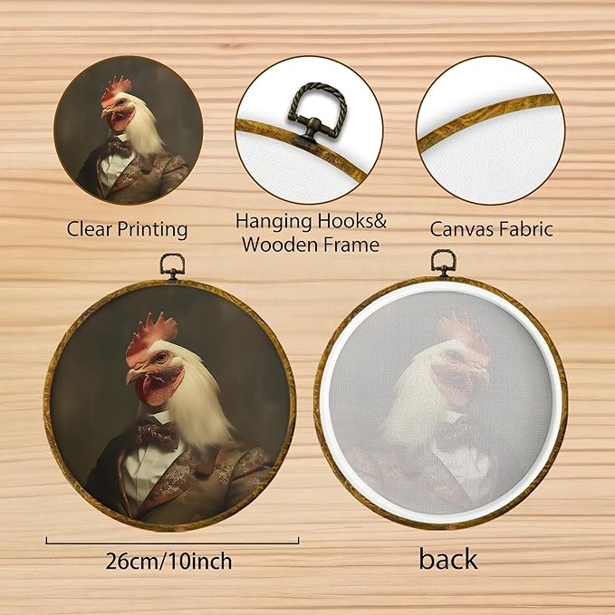 Hiuwevt Vintage Chicken Round Wall Art Decor, Whimsical Dark Moody Chicken Framed Canvas Prints, Rustic Country Farm Animal Round Wall Hanging Decor for Kitchen Home Bedroom Decorations, 10x10 Inches