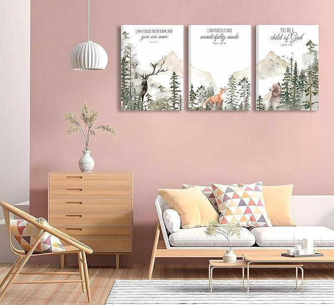 3pcs Framed Forest Animals Bible Verse Wall Art Misty Forest Deer Bear Fox Paintings Canvas Prints Poster Inspirational Quotes Pictures Wall Decor for Home Bedroom Nursery Baby Room Playroom Decor