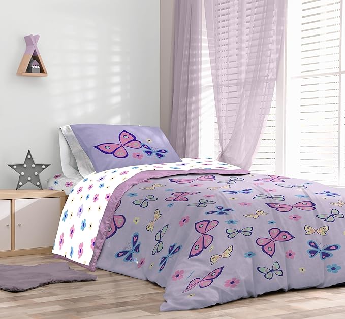 Sunny Side Up Butterfly Full Comforter Set - 7 Piece Kids Bedding Includes Comforter, Sheets & Pillow Cover - Super Soft Purple Floral Microfiber Bed Set