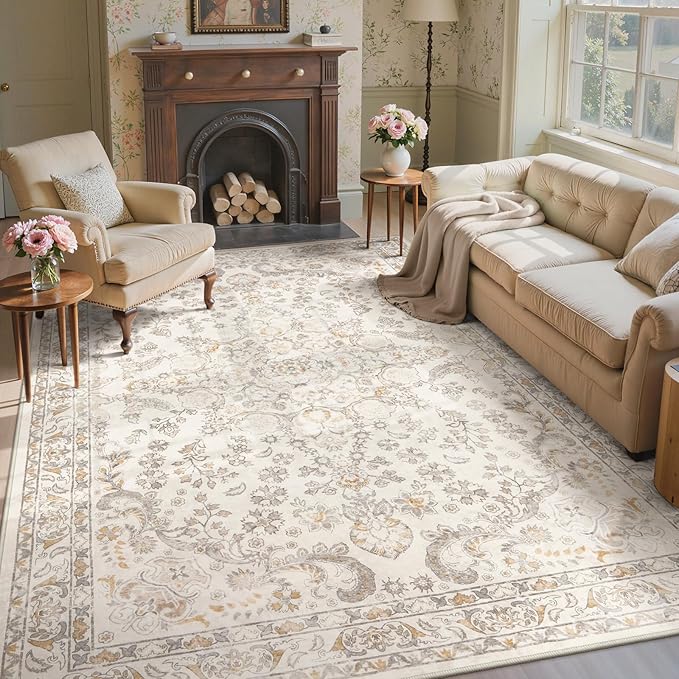 Wonnitar Washable Living Room Rugs, 8x10 Area Rugs for Room Decor, Beige Non Slip Ultra-Thin Soft Cozy Vintage Floral Distress Neutral Carpet for Bedroom Dining Room Farmhouse Playroom
