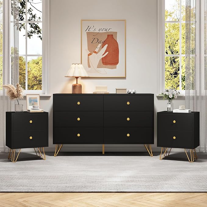 Black Dresser for Bedroom, 6 Drawer Dresser with Golden Handles, Large Storage Cabinet, Modern Chest of Drawers Organizer Storage for Hallyway, Entryway