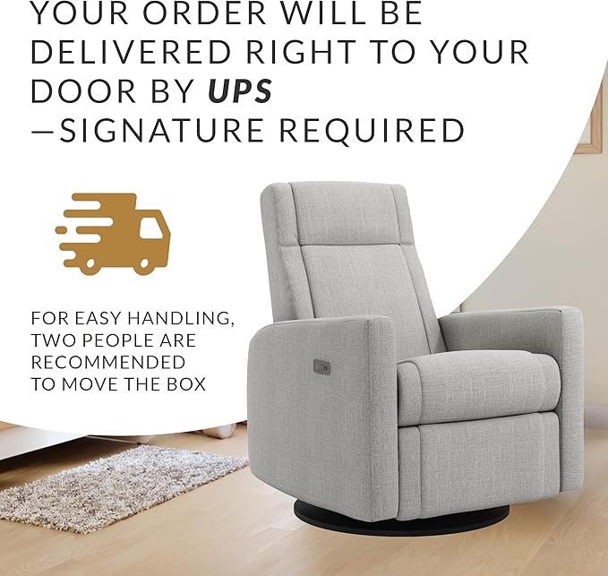 Nelly Modern Nursery Chair Glider Recliner with 180° Swivel - Cozy Motorized Reclining Nursing Chair with USB Ports, Gentle Motion, Hybrid Memory Foam, Lumbar Support (Silver Grey/Nubia Fabric)