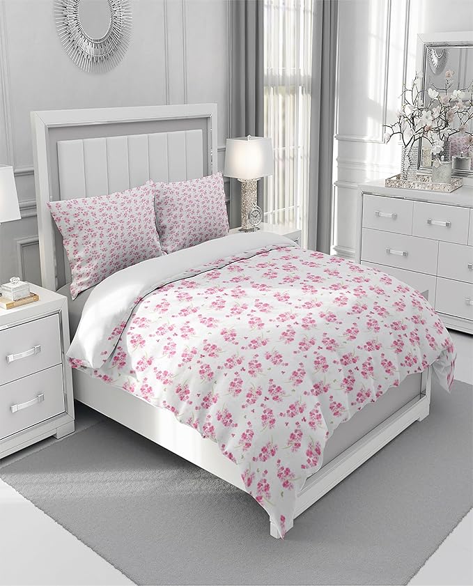 Girl Duvet Cover Full Pink White Flower Print Bedding Sets Garden Style Floral Aesthetic Cover Chic Floral Bedroom 1 Duvet Cover with 2 Pillowcases