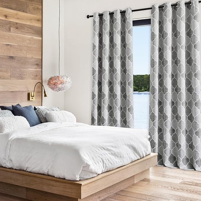 Moroccan 100% Blackout Curtains 63 Inches Long for Bedroom Gray Geo Lattice Window Curtain Panels Thermal Insulated Noise Reducing Grommet Top Window Treatments Drapes, 52x63, 2 Panels