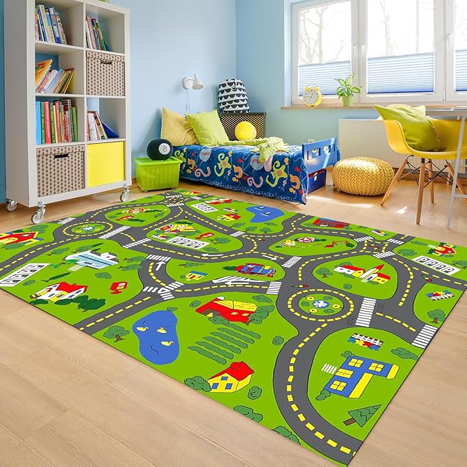 Non-Slip Town City Road Map Playmat for Boys, Perfect for Playroom and Bedroom, Car Track Mat - 4'11" x 3'3"(Rectangular)
