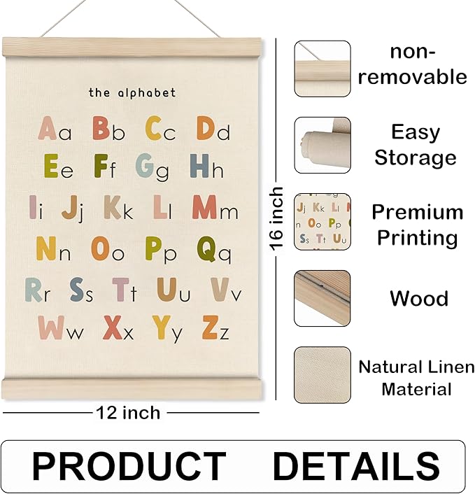 HRQKO ABC Poster Hanger Frame, Alphabet Wall Art, Cute ABC Poster Wall Art with Wooden Frames, Alphabet Banner Wall Hanging Decor for Nursery Toddler Playroom, 12x16 inch