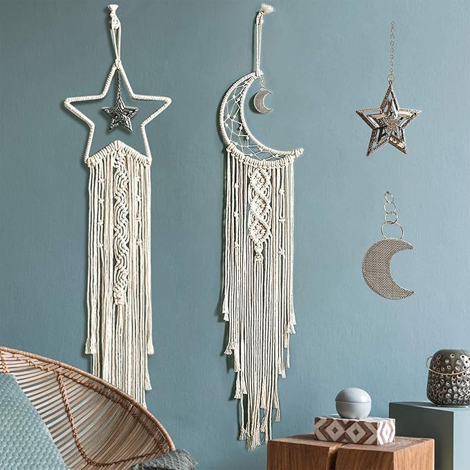 Moon Star Dream Catcher Decor,2pcs Boho Home Moon Star Dreamcatcher,Macrame Wall Hanging Boho Home Decor for Kids Baby Bedroom Decoration for Women Girls Friends Craft