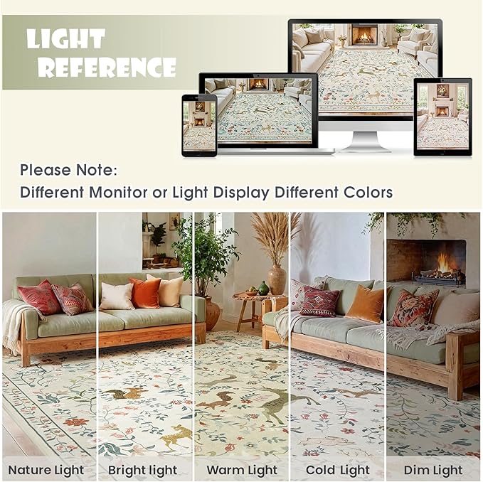 5x7 Area Rugs for Living Room Floral Animal Print Carpet Washable Non-Slip Large Rug Low Pile for Indoor Bedroom Dining Room Nursery Home Office Farmhouse Kids Play Room Beige
