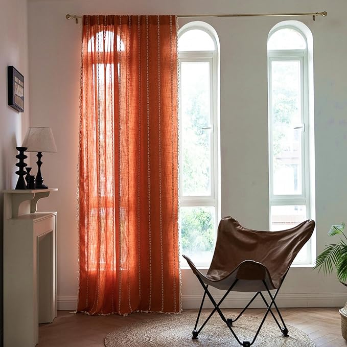 Deeprove Orange Curtains 90 inches Long, Cotton Linen Stripe Textured Light Filter Privacy Burnt Bohemian Window Treatment for Dining Bedroom Living Room Fall Halloween Decor, Rod Pocket 1 Panel