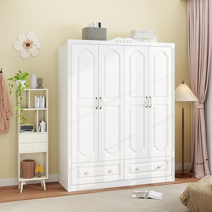 Wardrobe Closet for Hanging Clothes: Armoire Wardrobe Closet with Drawers, Bedroom Armoires with Doors and Shelves, Modern Clothing Cabinet with Hanging Rod (White, 59")