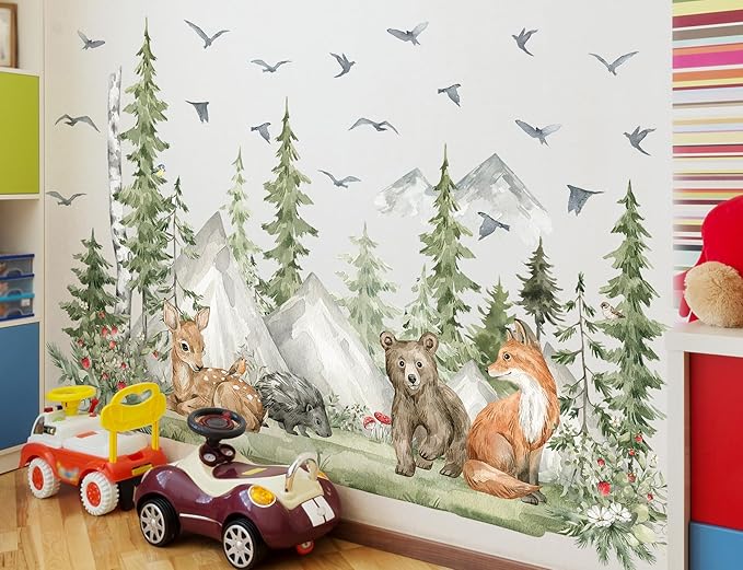 Large Jungle Animals Wall Decals Forest Tree Wall Decal Peel and Stick Woodland Bear Fox Deer Wall Stickers Giant Mountain Art for Bedroom Nursery Room MS230