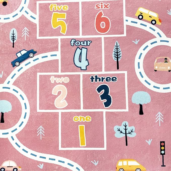 Kids Play Mat Hopscotch Car Area Rug 5x8Ft Extra Large for Girls Bedroom Soft Classroom Educational Learning Children Preschool Car Road Boys Gift, Pink