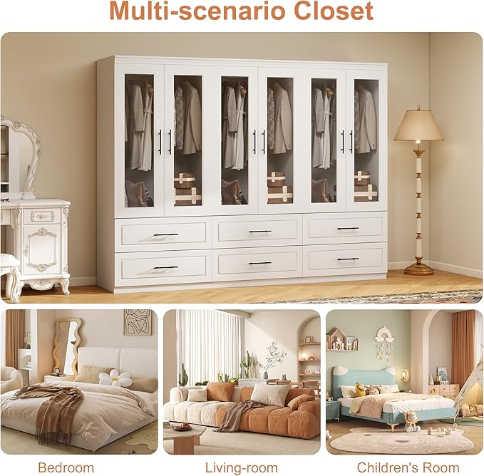 Armoire Wardrobe Closet with 6 Door: White Wood Wardrobe Closet Wooden Transparent Door 6 Drawer Cabinet Bedroom Armoire with Hanging Rods for Home/Bedroom/Living Room
