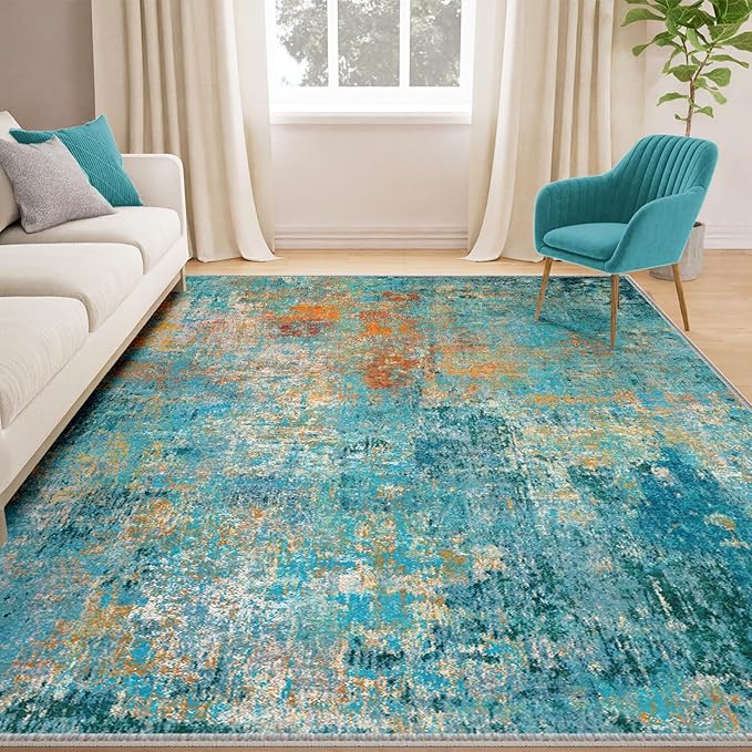 Washable Area Rugs 5'x8' Non-Slip Modern Abstract Soft for Living Room Entryway Bedroom Nursery, Print Pattern, Teal Blue Green Orange Rust Red Colorful