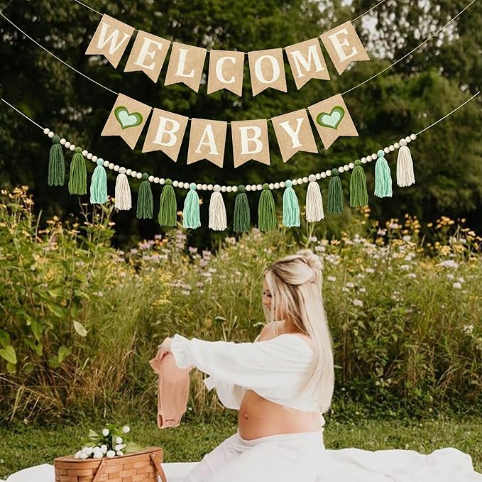 Baby Shower Burlap Pennant Banner Flag Felt Welcome Baby Sign Ombre Sage Green Heart and Olive Green Tassel Garland with Beads for Neutral Baby Shower Hello Baby Welcome Baby Party Decoration Supplies