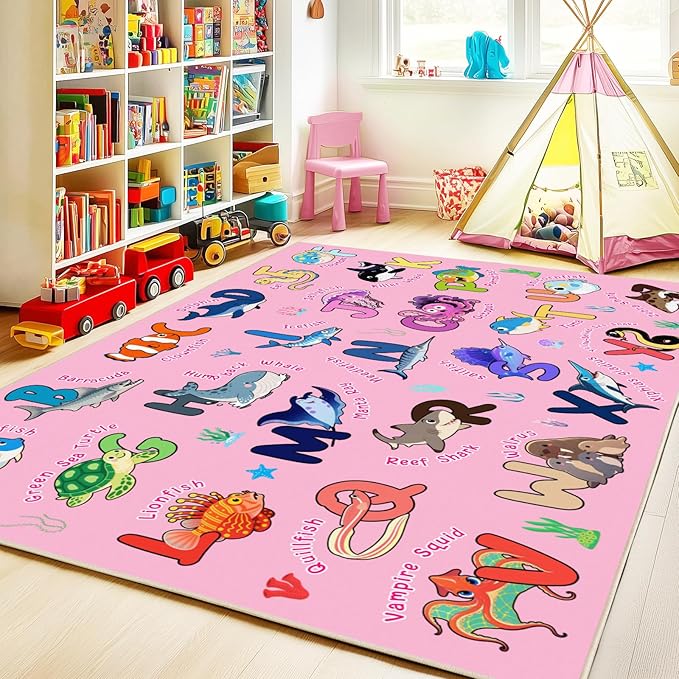 Kids Rug for Playroom, 3x4 Feet Educational Rug for Learn The ABC Alphabet, Soft Machine Washable Non-Slip Cute Marine Organisms Carpet for Classroom Toddler Nursery Kids Room Decor Mat, Pink