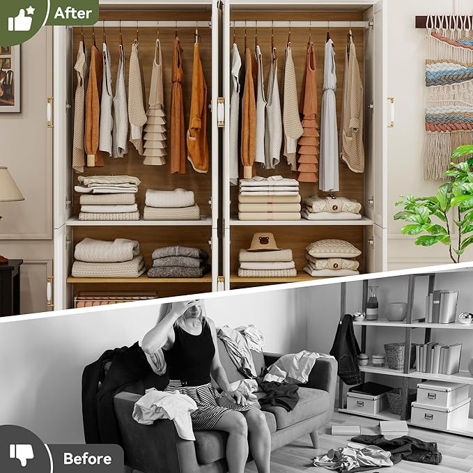 Solid Wood Wardrobe Closet:TemkTuek 70.87" Armoire,Clothing Storage Cabinet with Mirror,Doors,Shelves and Hanging Rails,Vintage Freestanding,Bedroom,White(18-18)
