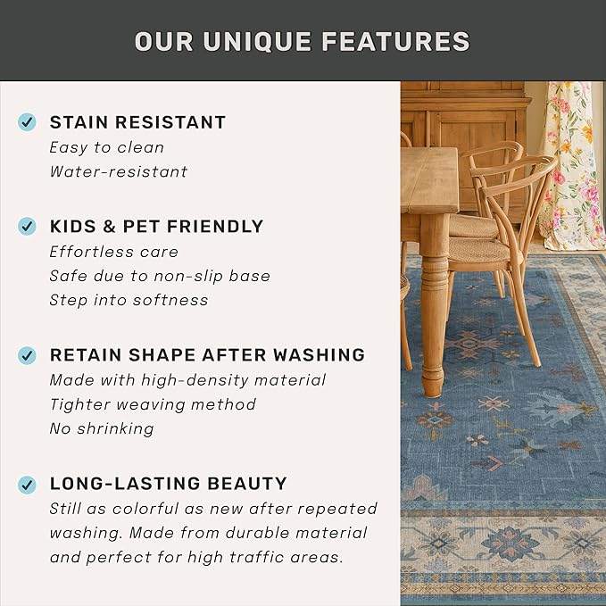 Light Blue 2x8 Long Washable Runner for Hallway - Boho Non Slip Door Mats Indoor Entrance, Vintage Floral Runner Rugs for Kitchen Non Skid, Low Pile & Soft Indoor Décor