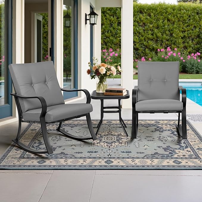 SUNCROWN Outdoor 3-Piece Rocking Chairs Patio Bistro Set Black Steel Furniture with Thickened Cushion and Glass-Top Coffee Table, Grey