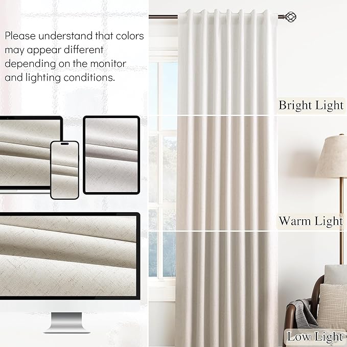 Cream Natural Linen 100% Blackout Kitchen Curtains 45 Inch Length Short Modern Beige Light Blocking Thermal Insulated Soundproof Living Room Basement Small Windows Back Tab Hook Belt 2 Panels 52x45