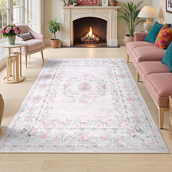 Wonnitar Floral Bow Rug for Girls Bedroom, Pink Area Rug 6x9 for Room Decor, Washable Ultra-Thin Non Slip Soft Boho Aesthetic Carpet for Baby Nursery Kids Room Living Room, Light Pink