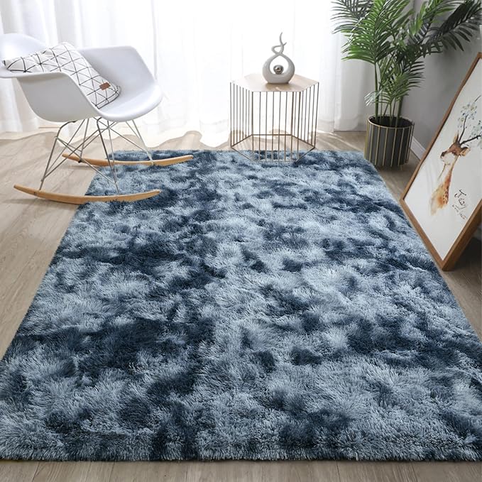 DweIke Fluffy Blue Grey Rugs for Bedroom Living Room, 6x9 Large Soft Plush Shaggy Tie-Dyed Navy Blue Gray Girls Boys Kids Rug, Upgraded Non-Slip and Machine Washable Carpet for Dorm Nursery Decor