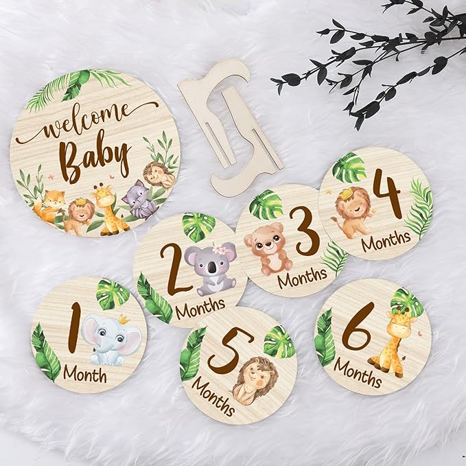 Wooden Baby Monthly Milestone Cards Double Sided Baby Birth Announcement Sign, Hello World Milestone Sign Discs Pregnancy and Baby Shower Gifts for Newborn Photo Props