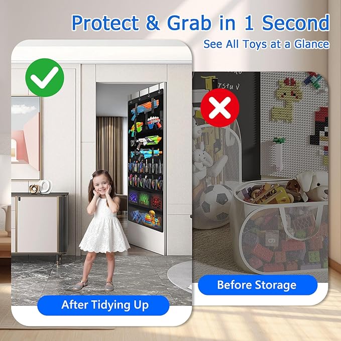 Over the Door Organizer for Toy Guns, Hanging Toys Storage with Clear Pockets and Slots for Kid Toy Guns, Claw Knife and Darts, Over the Door Storage for Kids Room and Game Room, Black