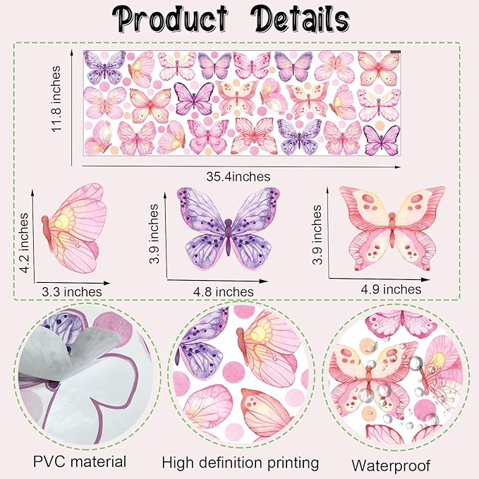 Pink Butterfly Wall Stickers,Butterflies with Plot Dots Vinyl Wall Decals, Removable Butterfly DIY Wall Art for Girl Bedroom Nursery Room Decor