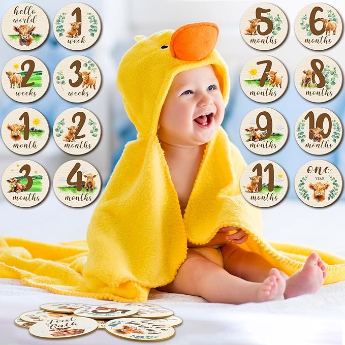 Tiamon 16 Pieces Wooden Baby Monthly Milestone Cards Monthly Milestone Marker Discs Double Sided Wooden Circles Months Signs for Baby Shower Newborn Photo Props(Highland Cow)