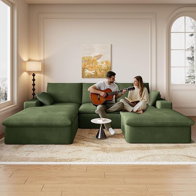 107" Cloud Modular Sectional Sofa with 1 Ottoman, Modern Upholstered Corduroy Couches, Comfort U Shaped Sofa for Living Room, Deep Seat Boneless Couch, No Assembly Required(Green,Left Facing Chaise)