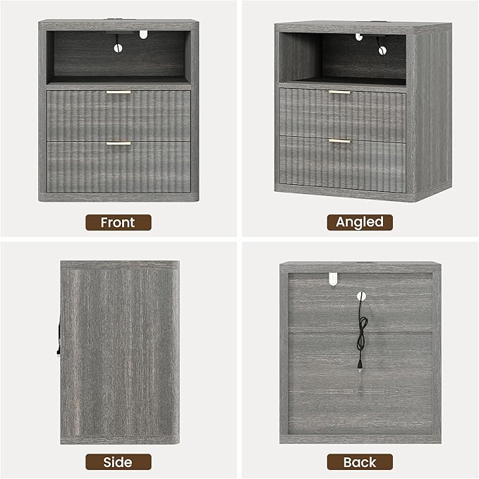 Fluted Nightstand Set of 2 with Charging Station, 21.7" Wide Modern Night Stand with 2 Drawers Open Storage Cabinet, Wooden Bedside End Table for Bedroom,Gray
