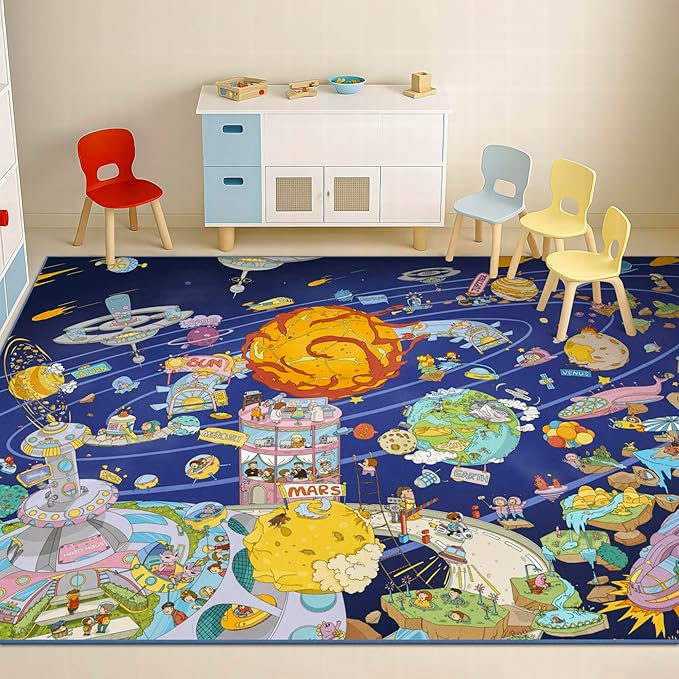 Solar System Explorer 6x9 Kids Area Rug – Educational Outer Space Map with Planets, Rockets, Robots & Aliens – Ideal for Playroom, Classroom, Living Room, or Science-Loving Children