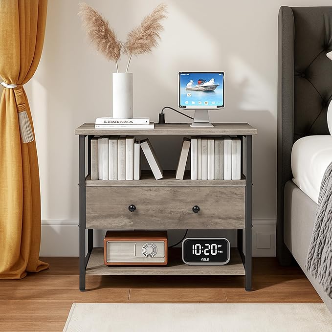 27 Inch Wide Night Stand with Charging Station, Wood Nightstand with Open Shelf, Large Drawer Bedside Table for Living Room/Bedroom/Office (Rustic Gray)