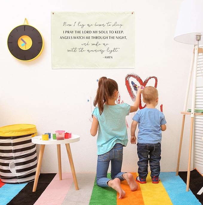 Rectangular Nursery Wall Banner Decor-Hanging Flag Poster Wall Art for Bedroom Decoration, Baby Growth Stuff-Baby Shower Birthday Christmas Gift for Baby Boys Girls Kids-Now I Lay Me Down to Sleep