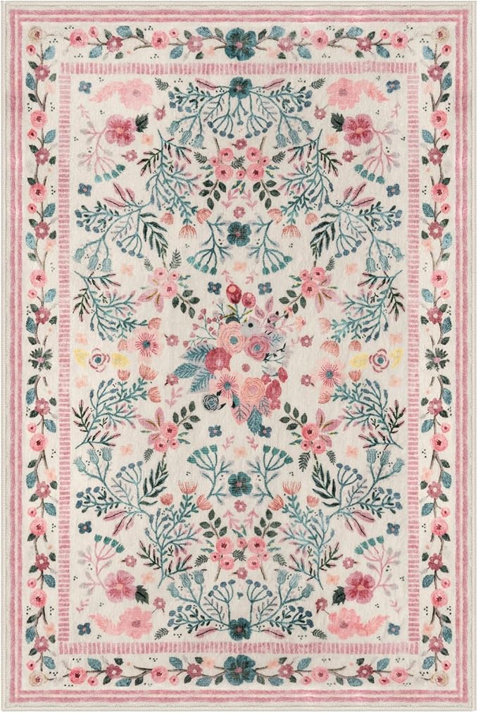 Rugs for Living Room 5x7, Pink Boho Thin Washable Non-Slip Area Rugs for Bedroom Girls, Soft Floral Low-Pile Nursery Carpet for Dining Room Kids Room Playroom Indoor, Pink/Multi