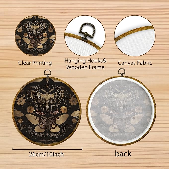 Hiuwevt Vintage Moody Gold Butterfly Round Wall Art Decor, Dark Academia Moth Framed Canvas Prints, Gothic Cottagecore Butterfly Round Wall Hanging Decor for Home Bedroom Decorations, 10x10 Inches