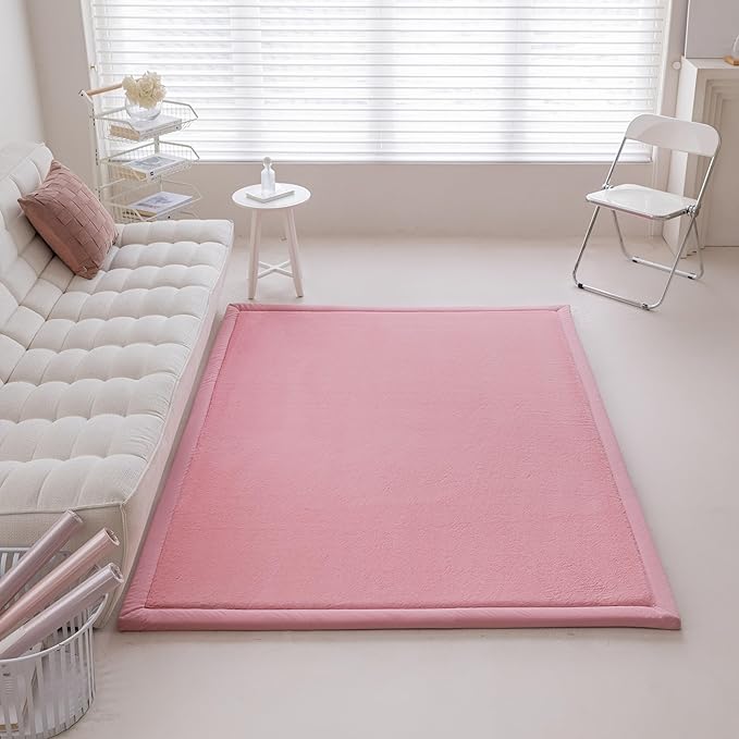 Loartee Faux Rabbit Fur Rug - 1.18" Thick Soft Fluffy Area Rug, Non-Slip Memory Foam Crawling Mat, Light Pink, 71"x78"