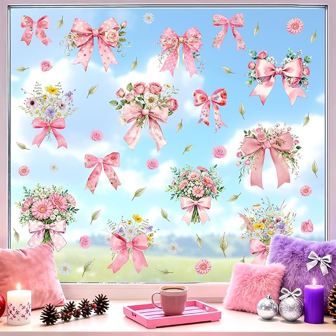 Bow Floral Window Cling Pink Bowknot Bouquet Window Stickers Watercolor Floral Flower Window Wall Decals Peel and Stick Coquette Ribbon Bow Wall Stickers for Girls Room Bedroom Nursery Decor