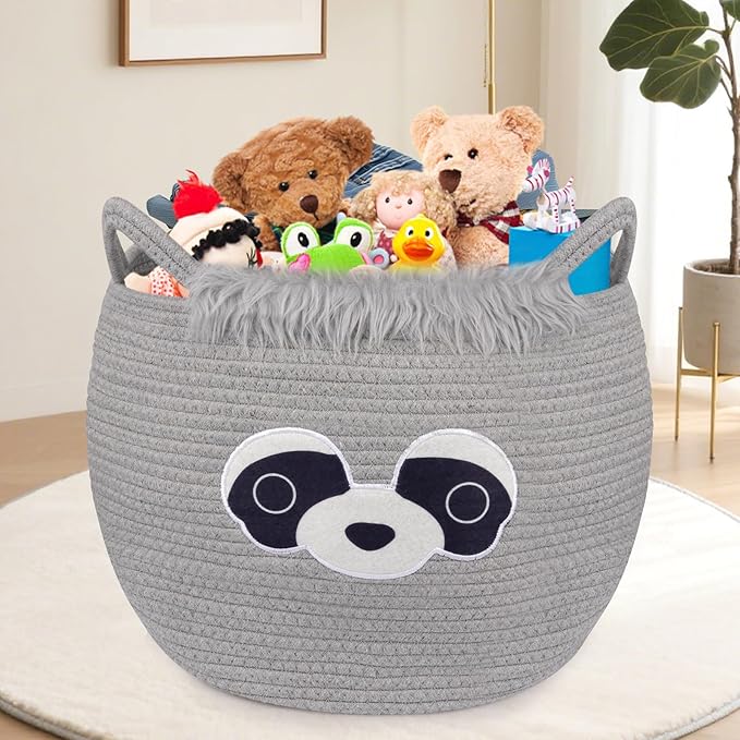 Large Basket for Nursery, Raccoon Blanket Gift Basket, Woven Rope Cotton Storage, Baby Bear Laundry 0rganizer with Ears Handles, Cute Animal Baskets Clothes Gifts Decor Storage Bins,13"D×12"H