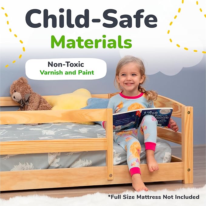 Ocodile Full Size Montessori Floor Bed for Kids - Strong Slatted Bed Frame with Full Rails - Ideal for Little Girls and Boys - Varnished