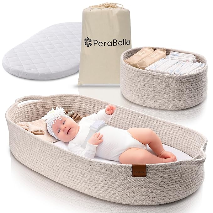 Baby Changing Basket for Baby Dresser, Moses Basket for Babies, Cotton Rope Diaper Changing Basket, Unisex Baby Moses Basket, Foam Diaper Changing Pad for Dresser, Changing Table Topper for Dresser