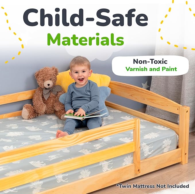 Ocodile Twin Floor Bed with Safety Guardrails for Kids, Montessori Inspired with Rails and 2 Openings, Twin Size Bed Frame for Girls and Boys - Varnished