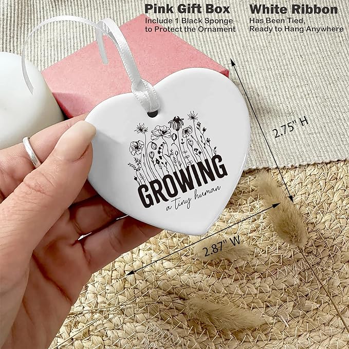 Heart Shaped Christmas Ornament-Baby Announcement Gift-Pregnancy Reveal Keepsake for Expecting Mom-New Mom Present for Baby Coming Soon-Ceramic Ornament Home Decor Growing a Tiny Human