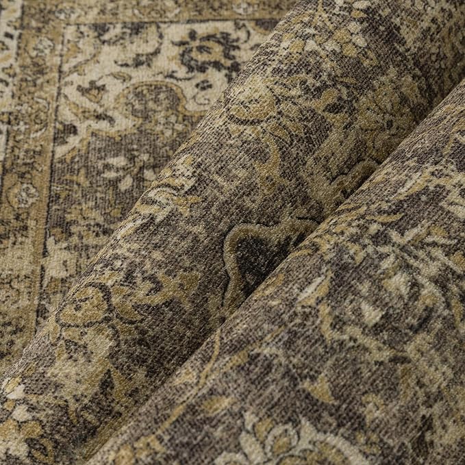 2x3 Brown Washable Vintage Area Rug for Living Room Bedroom Soft Tranditional Non Slip Thin Throw Rug Lightweight Floral Low Pile Distressed Doormat Entrance Dining Laundry Room Kitchen
