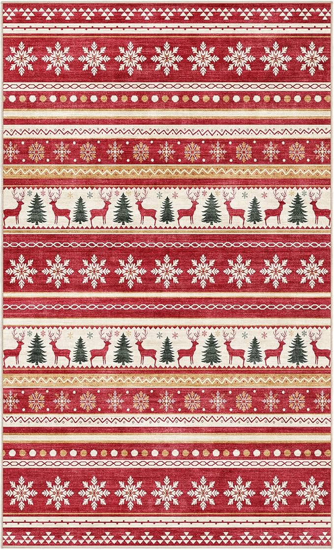 Area Rugs for Living Room Washable Living Room Rug Soft Neutral Indoor Floor Carpet Non-Slip Stain Resistant Modern Boho Rugs for Bedroom Dining Room Kids Room Nursery Office Home Red Green