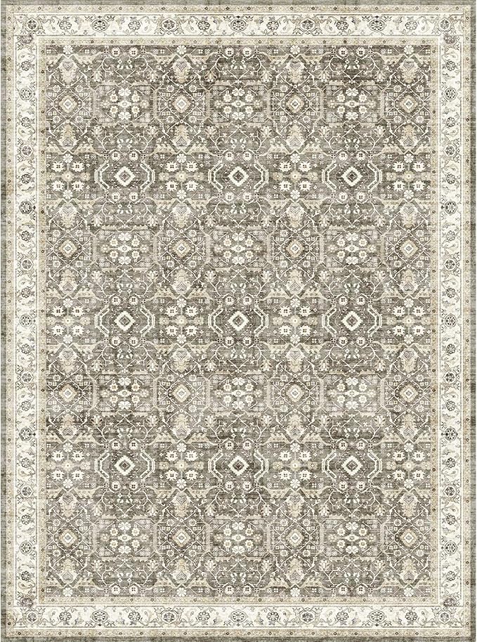 WITSHOCK Living Room Area Rugs 9x12: Washable Rug Boho Soft Non-Slip Low Pile Stain Resistant Foldable Carpet for Bedroom Playroom Dining Room Office Kitchen Farmhouse Home Decor Rug-Brown/Beige