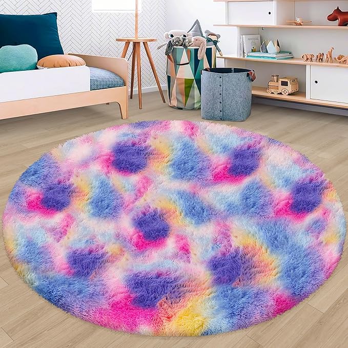7 ft Large Fluffy Round Pink Rainbow Area Rugs for Girls Bedroom, Colorful Soft Shaggy Circular big Rug Plush Fluffy Circle Carpet Fuzzy for Nursery Baby Room Playroom Dorm LivingRoom Home Decor